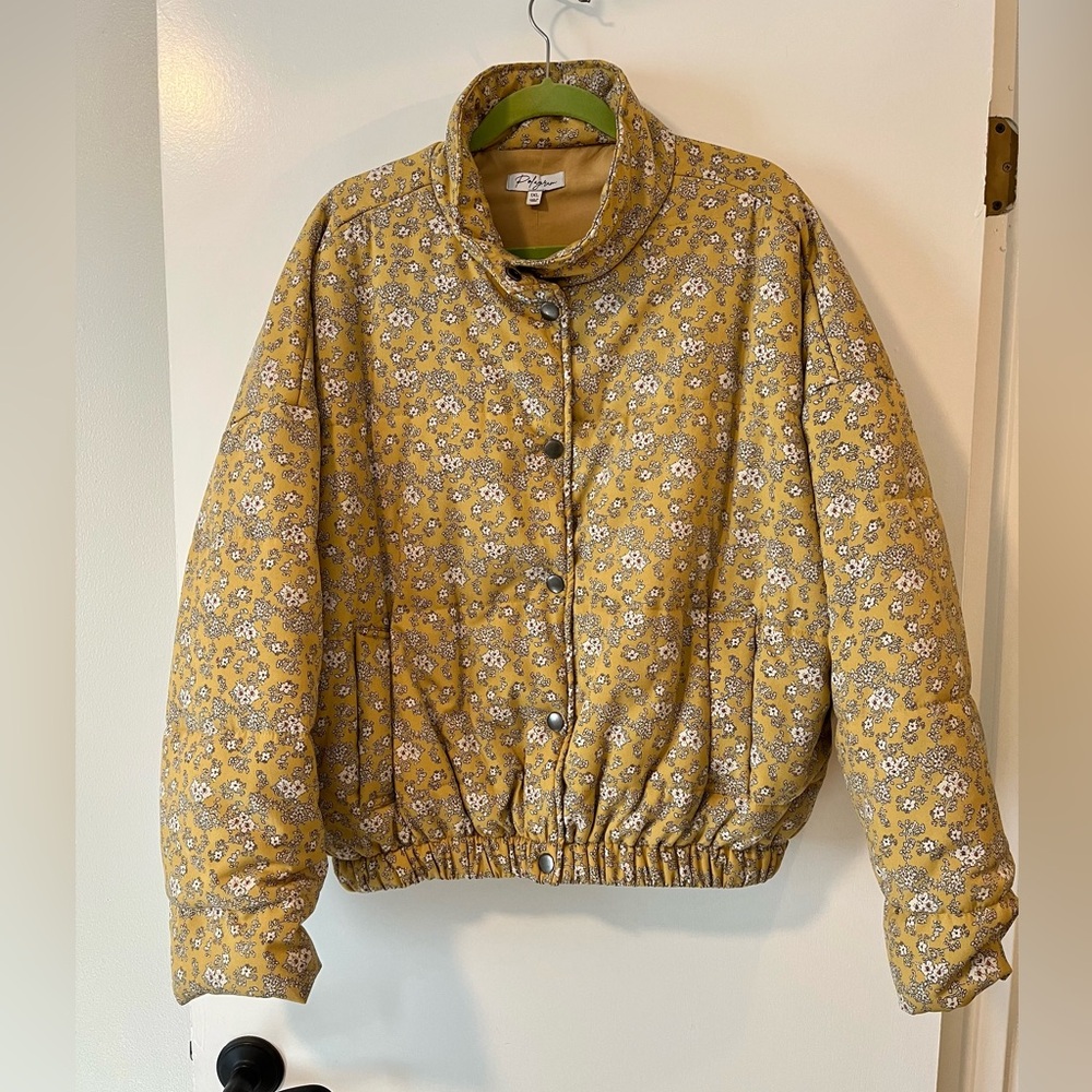 Polagram Yellow Floral Snap Front Puffer Jacket NWOT